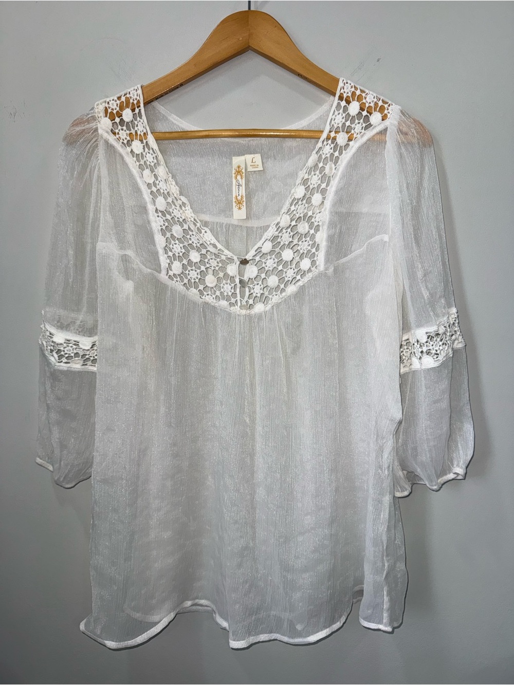 Adiva White Lace-Trim Sheer Peasant Tunic Top Women’s Size Large !